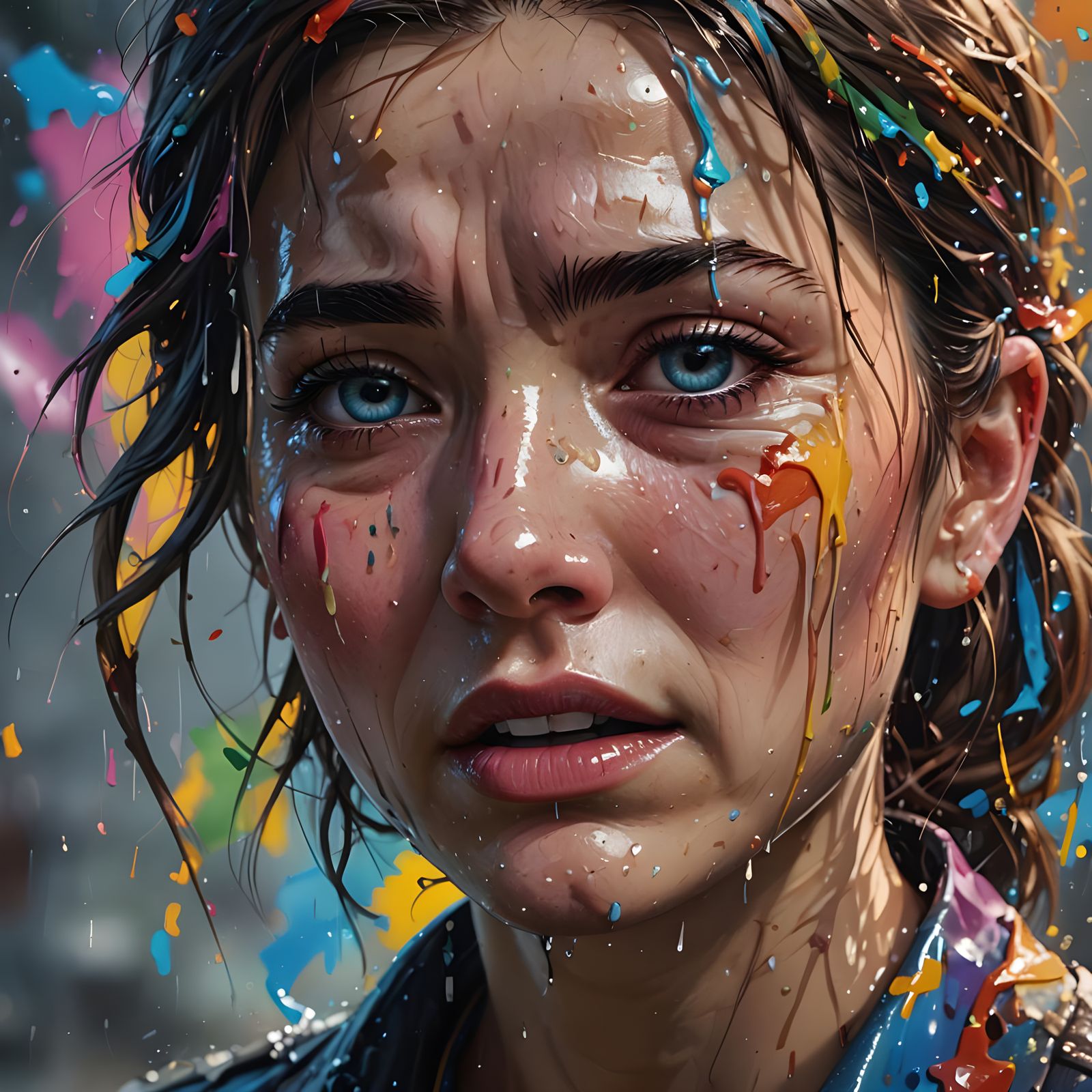 Hyperrealistic Crying Face in Splash Art Style