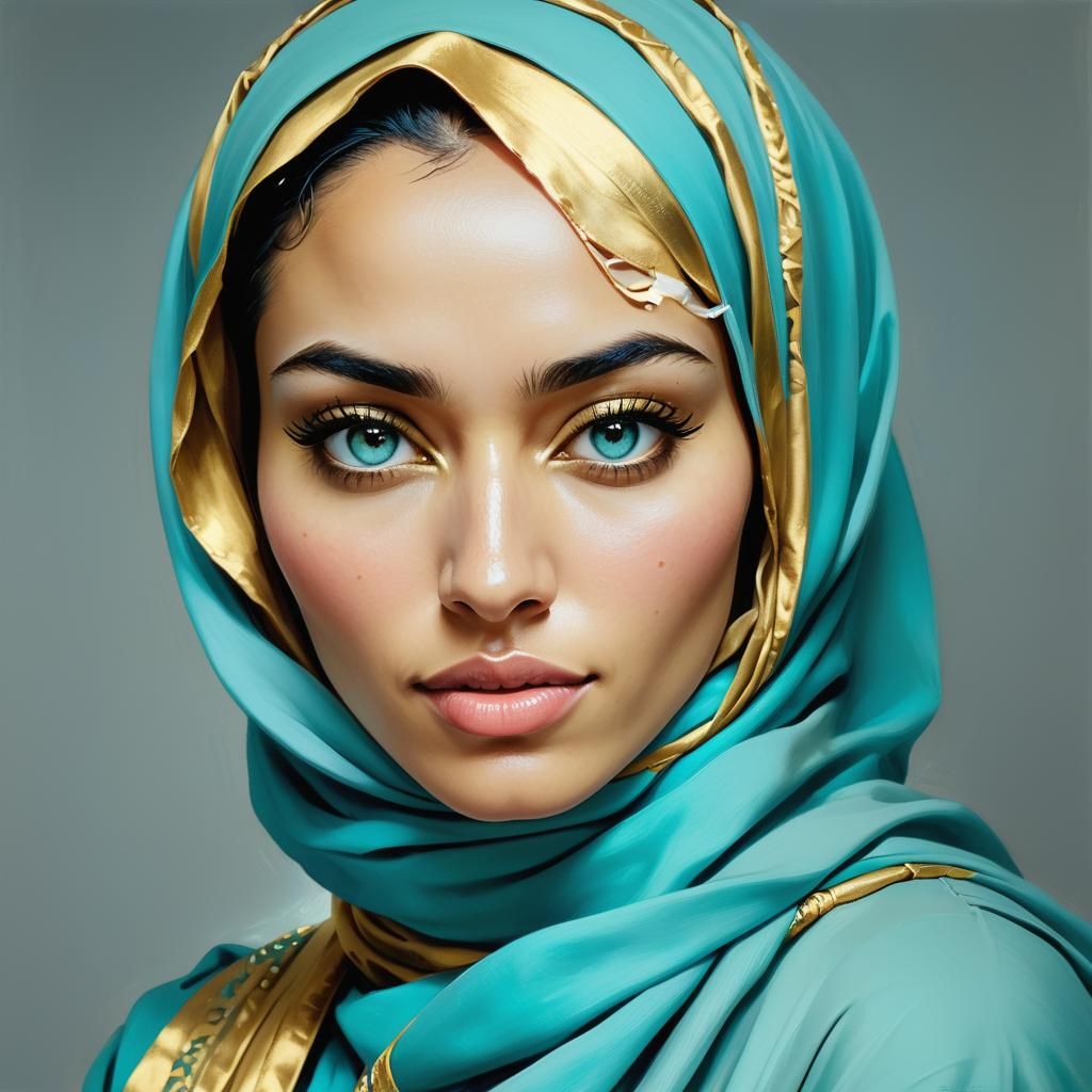 Afghan-Swedish Woman in Turquoise Hijab: Oil Gouache Portrai...