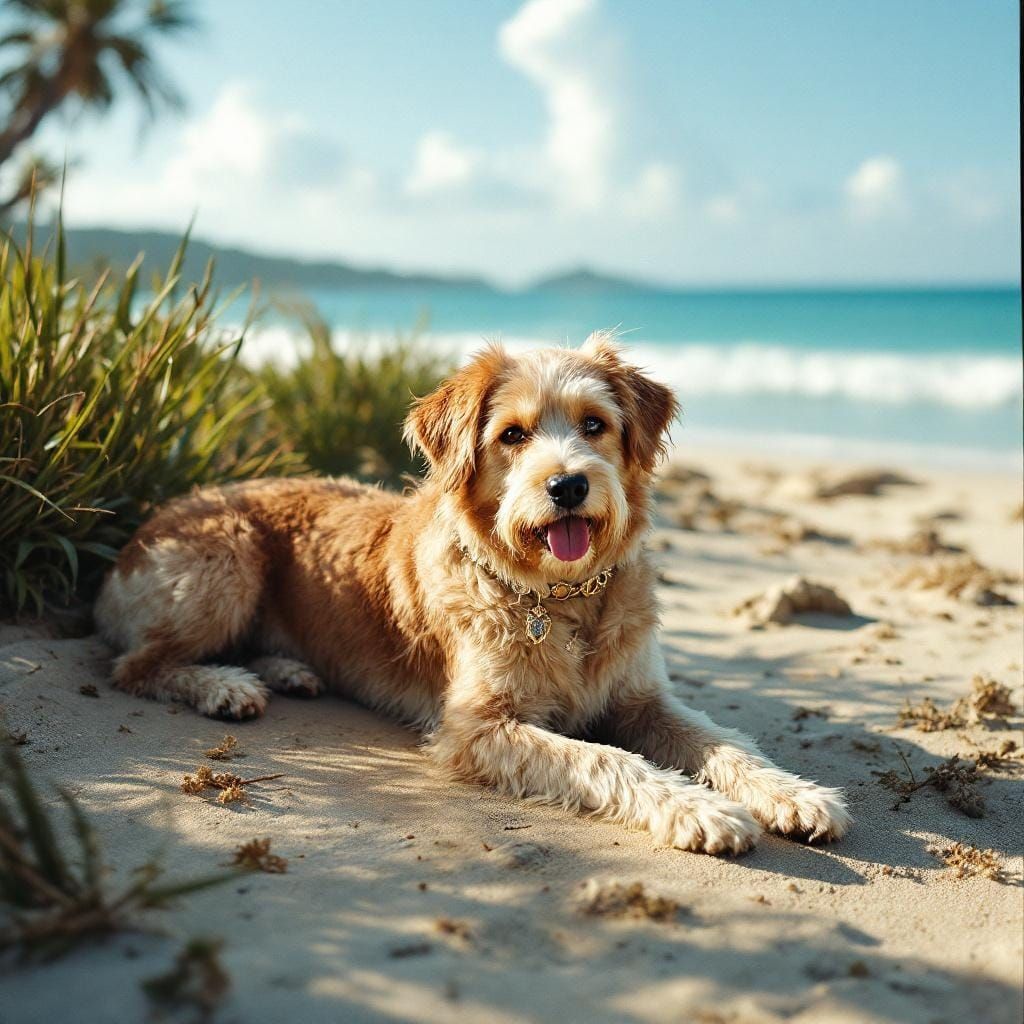 Glamorous Beach Dog in Pop Surreal Style