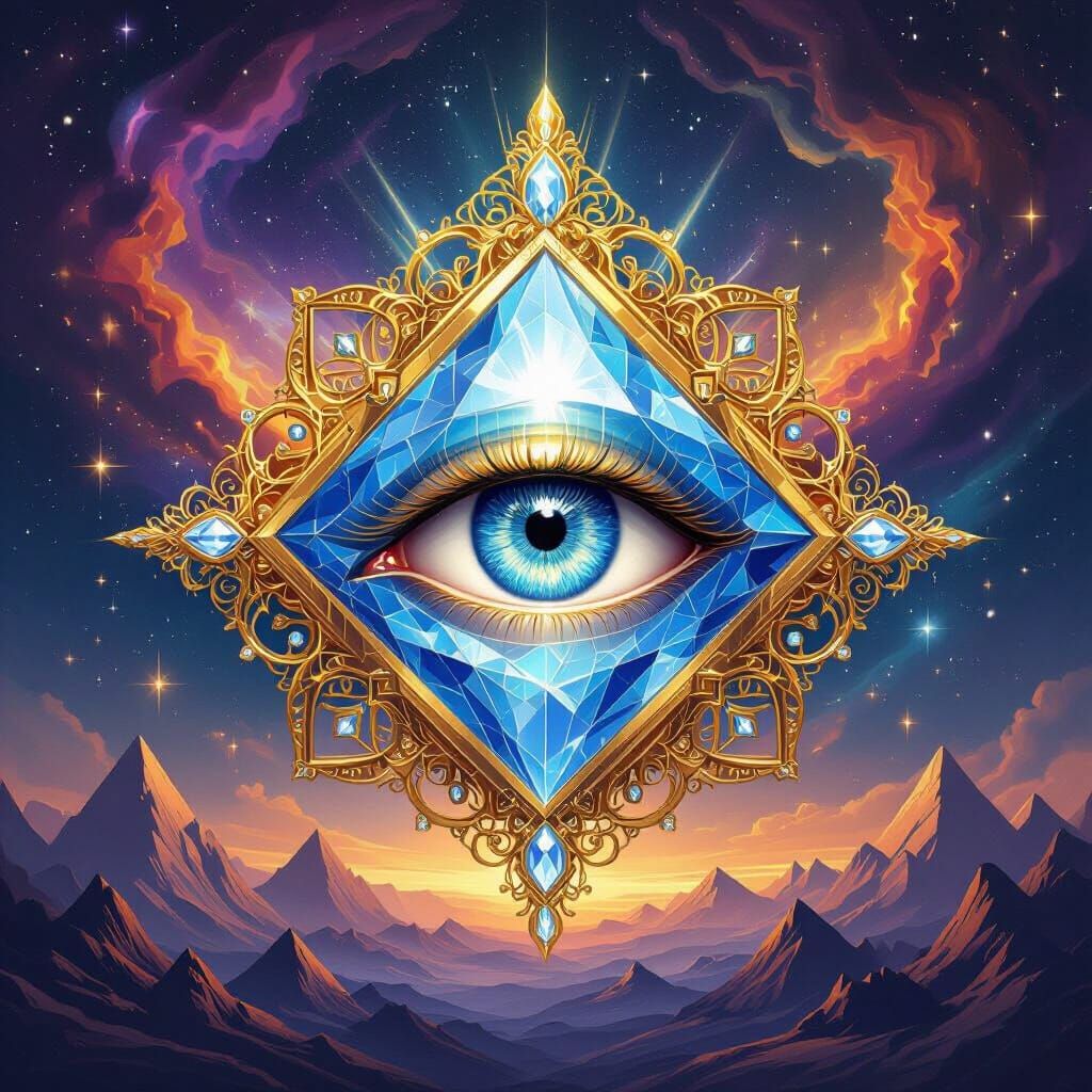 Celestial Eye Amidst Cosmic Nebulae and Golden Architecture