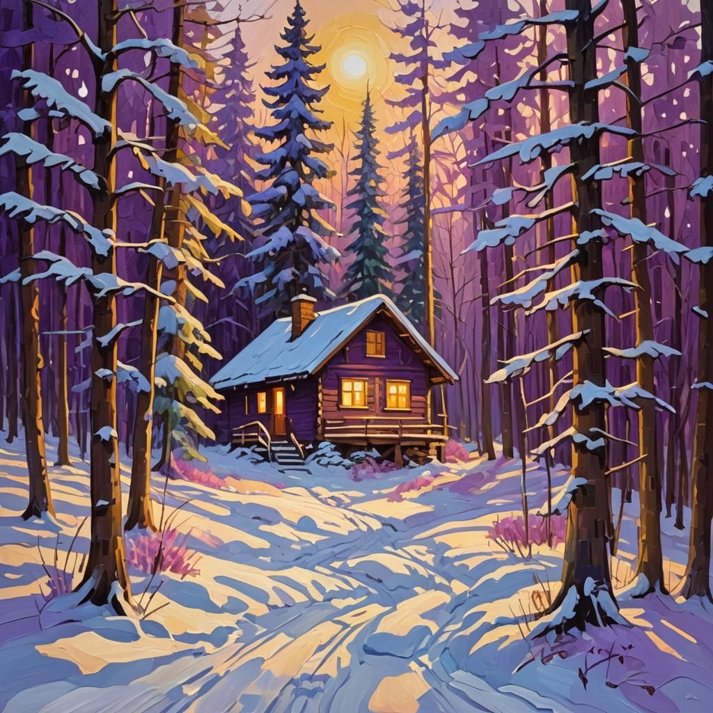 Winter Cabin in Neo-Impressionistic Expressionist Style