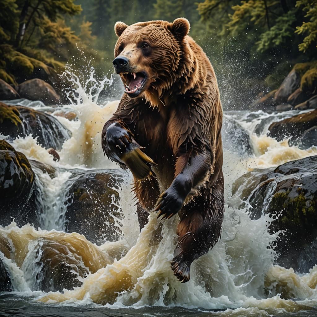 Brown Bear Captures Salmon: Detailed Matte Painting