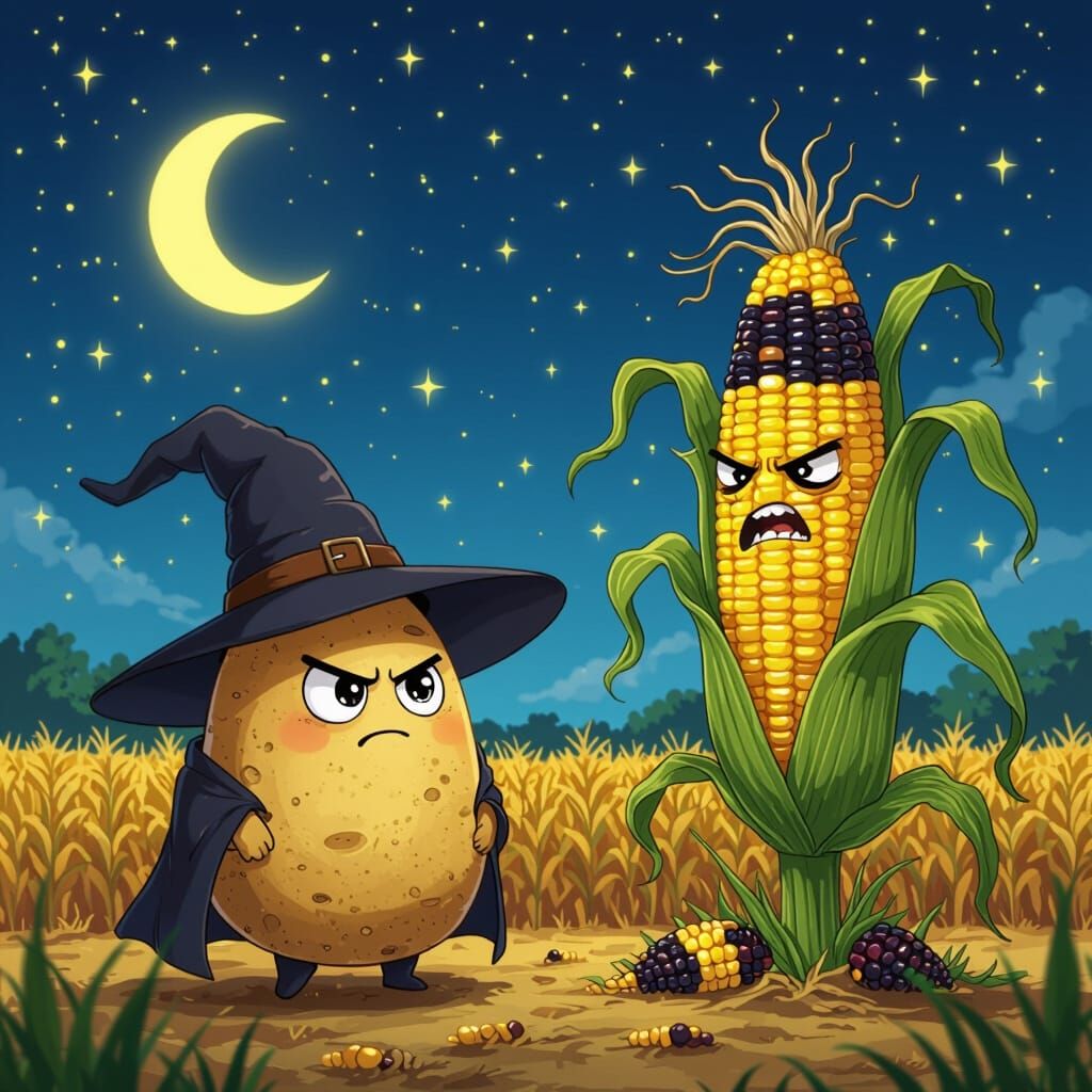Grumpy Wizard Potato and Corn on a Starry Farm Night