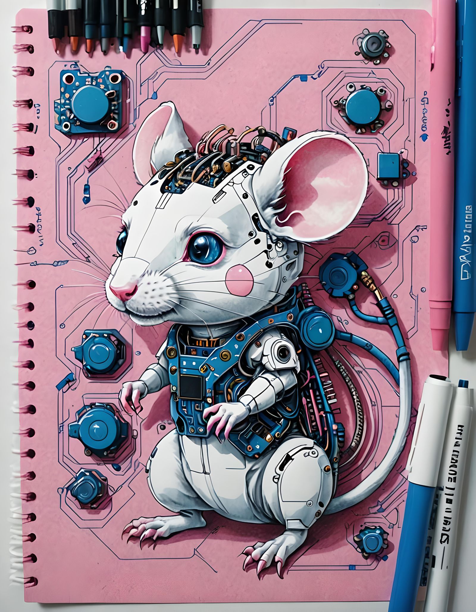Cute Cyborg Rat Sketch in Pink and Blue