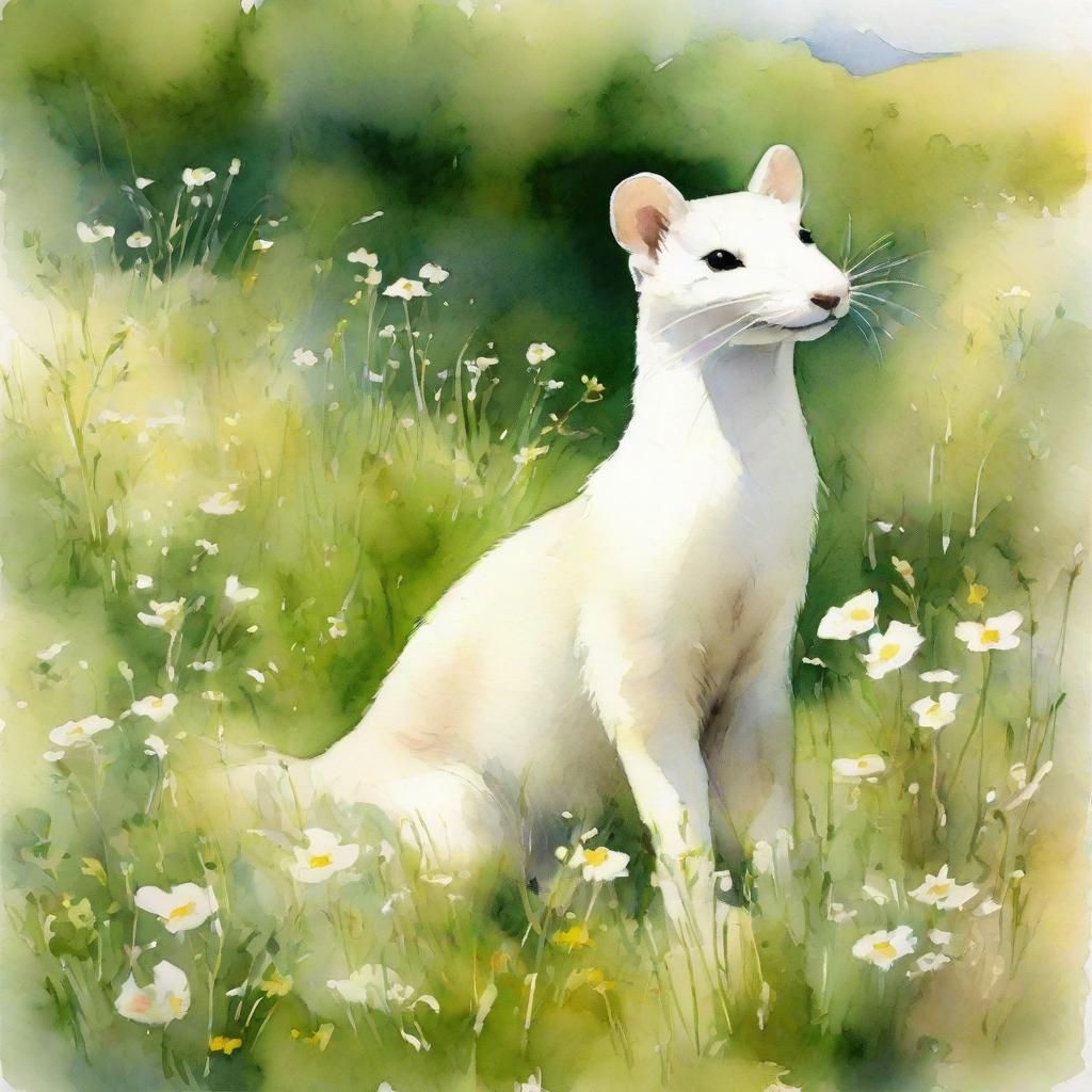 Ermine in Wildflower Meadow: Watercolor Painting