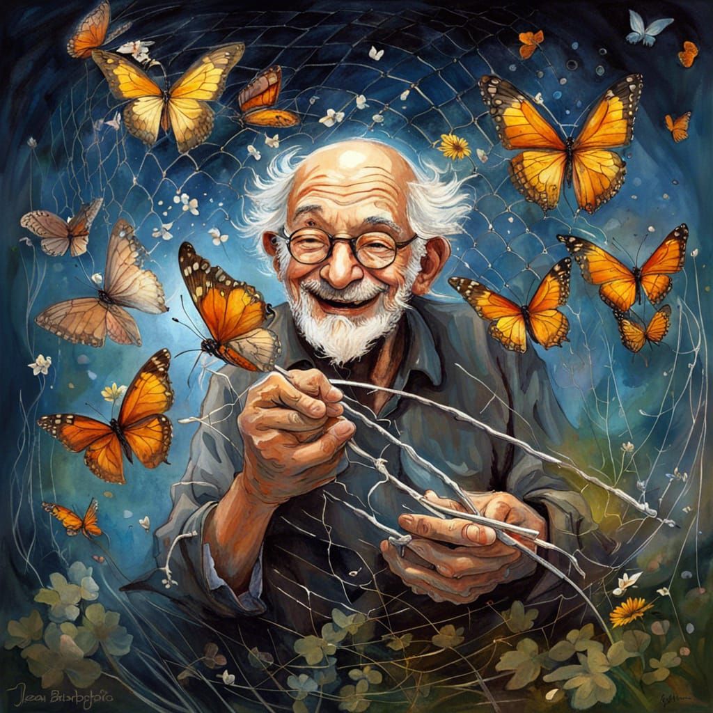 Whimsical Old Man Catches Butterflies, Fantasy Art