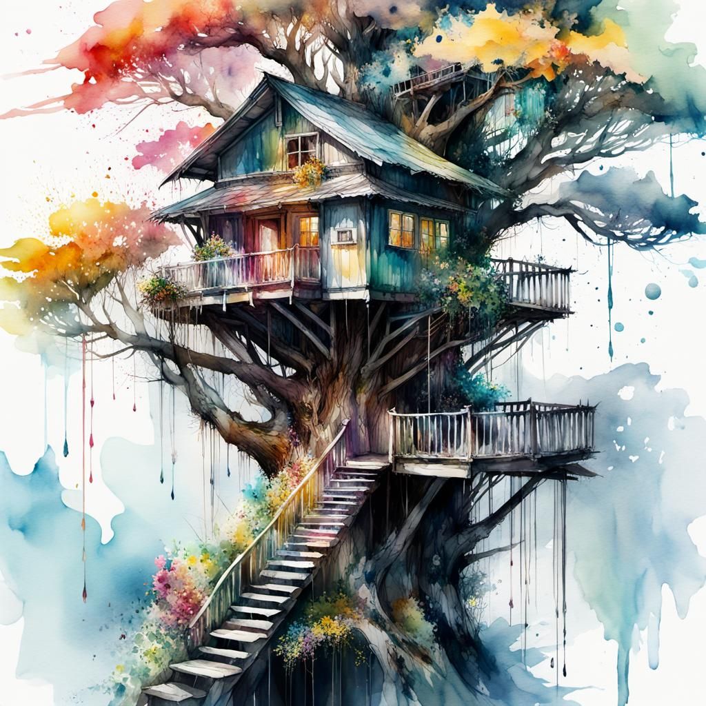 Beautiful Treehouse in Watercolor Illustration