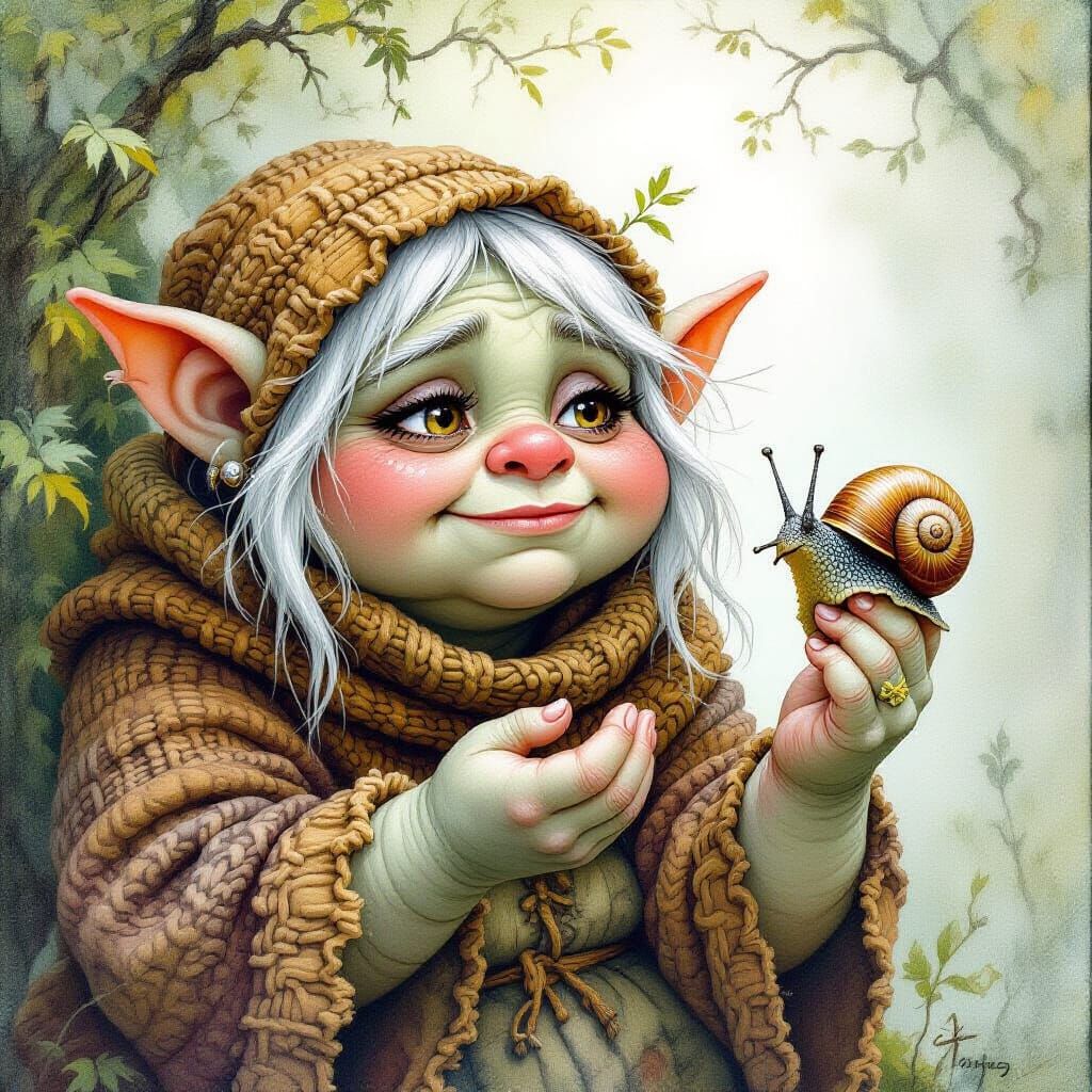 Stone Troll and Snail in Dreamy Fantasy Art