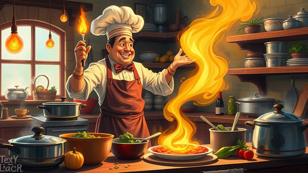 Chef Conjuring Magical Kitchen Flames in Storybook Style