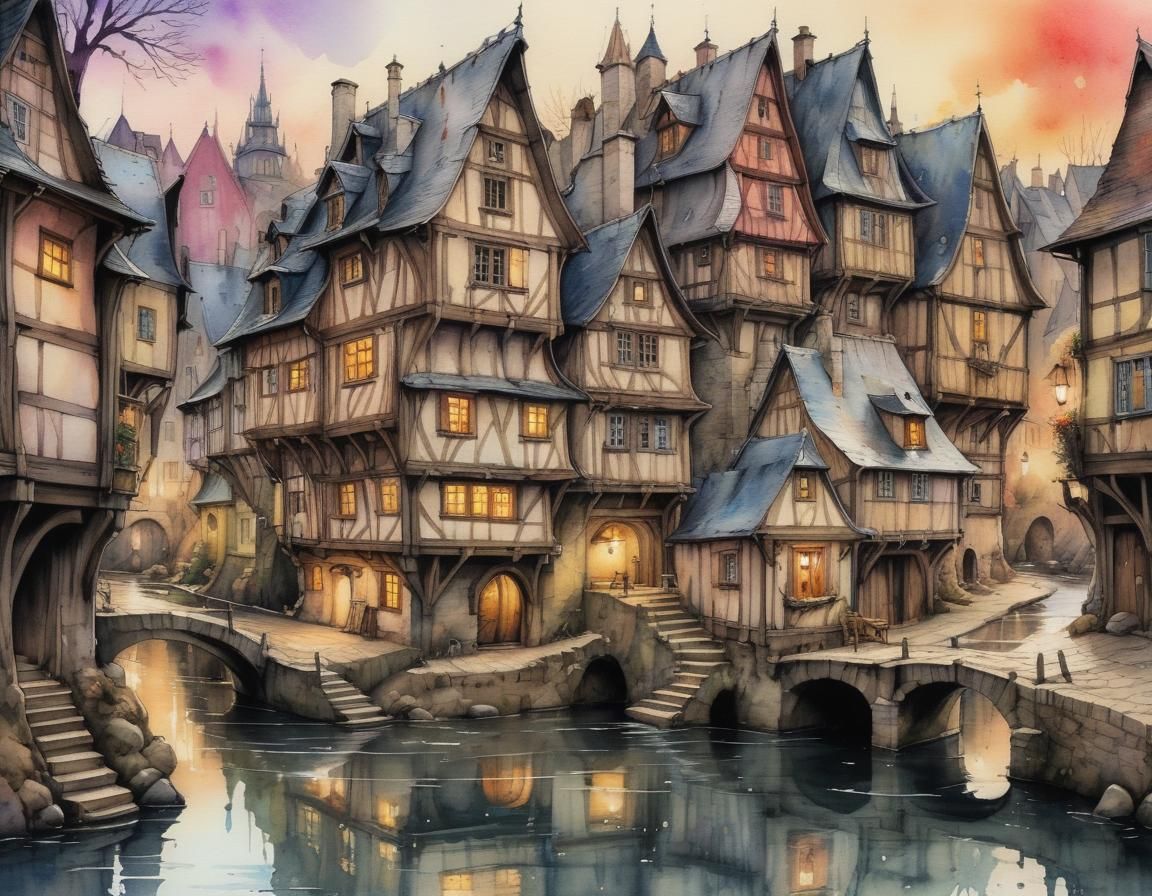 Whimsical Village River Scene in Watercolor and Ink