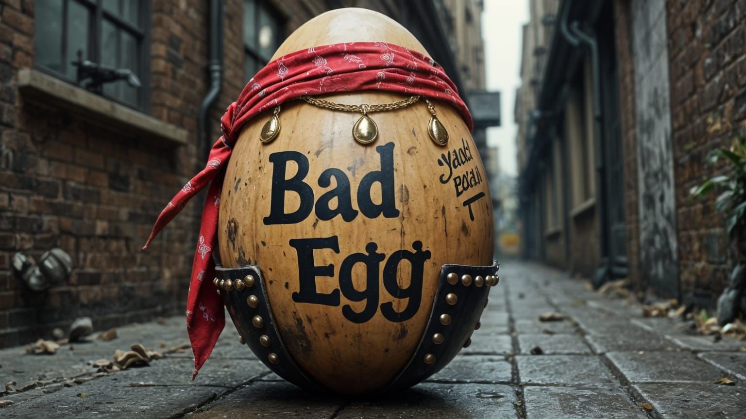 Gangster Egg in Dark Alley with Tattoos and Gun