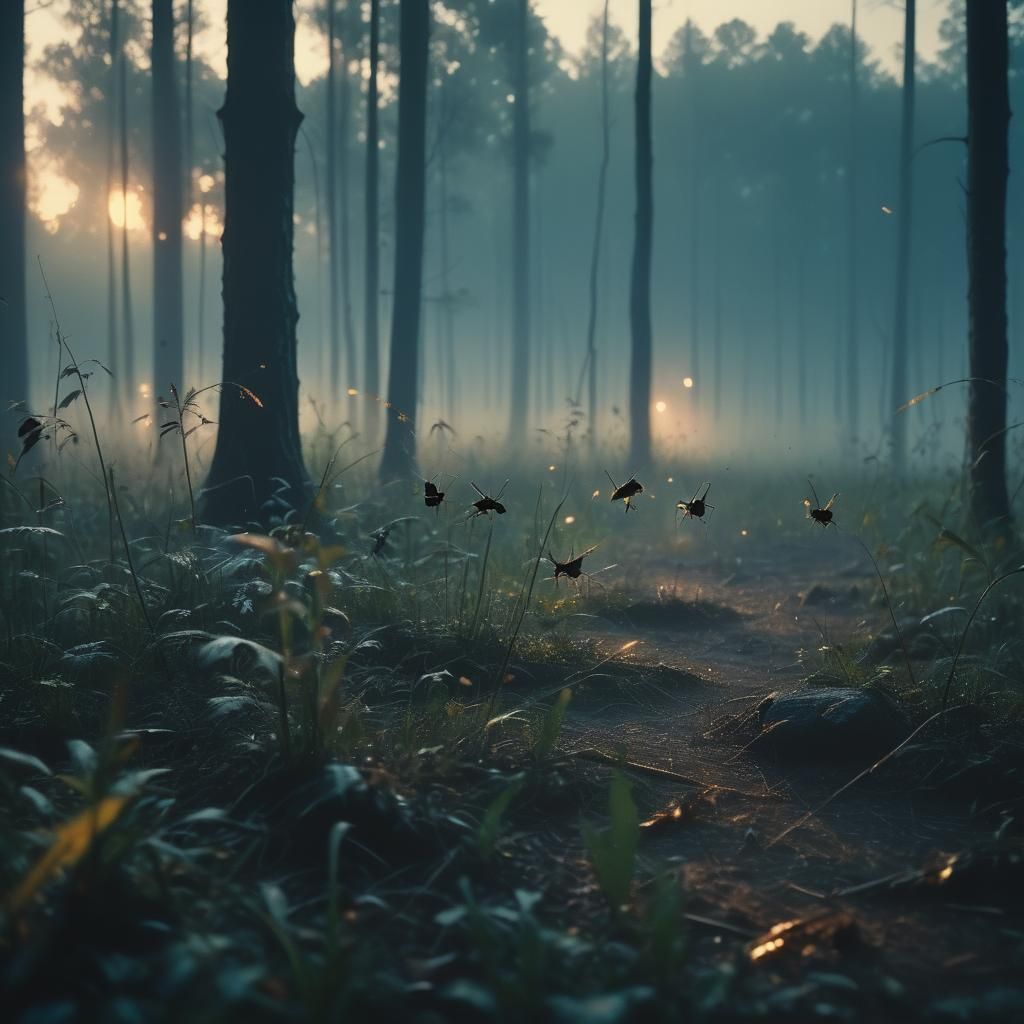 Cinematic Crickets Chirping in Misty Forest