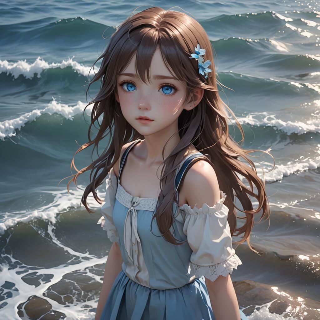Anime Girl with Blue Eyes at the Ocean