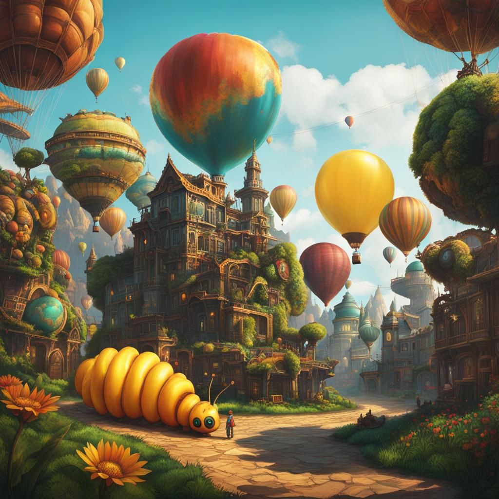 Solarpunk World: Balloon Ride with Giant Caterpillar