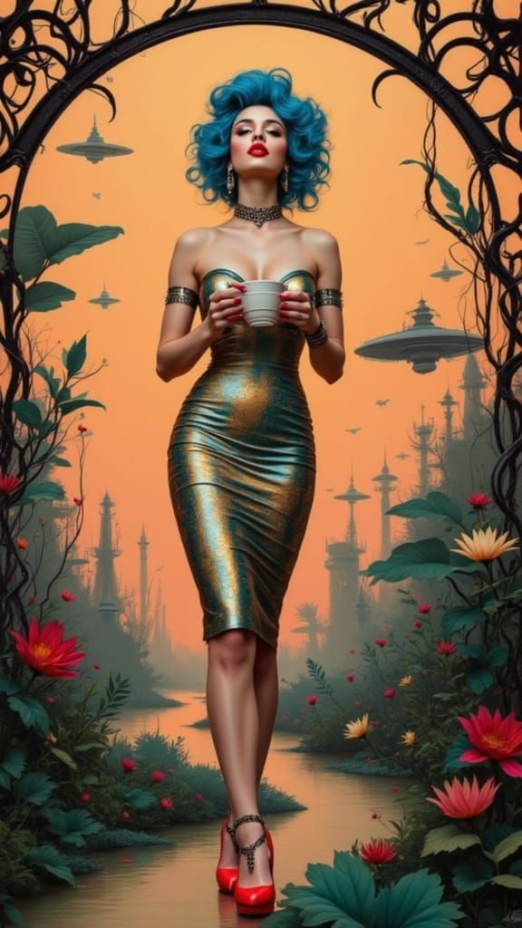 Futuristic Pin-Up Goddess in Metallic Fashion, Holding Coffe...