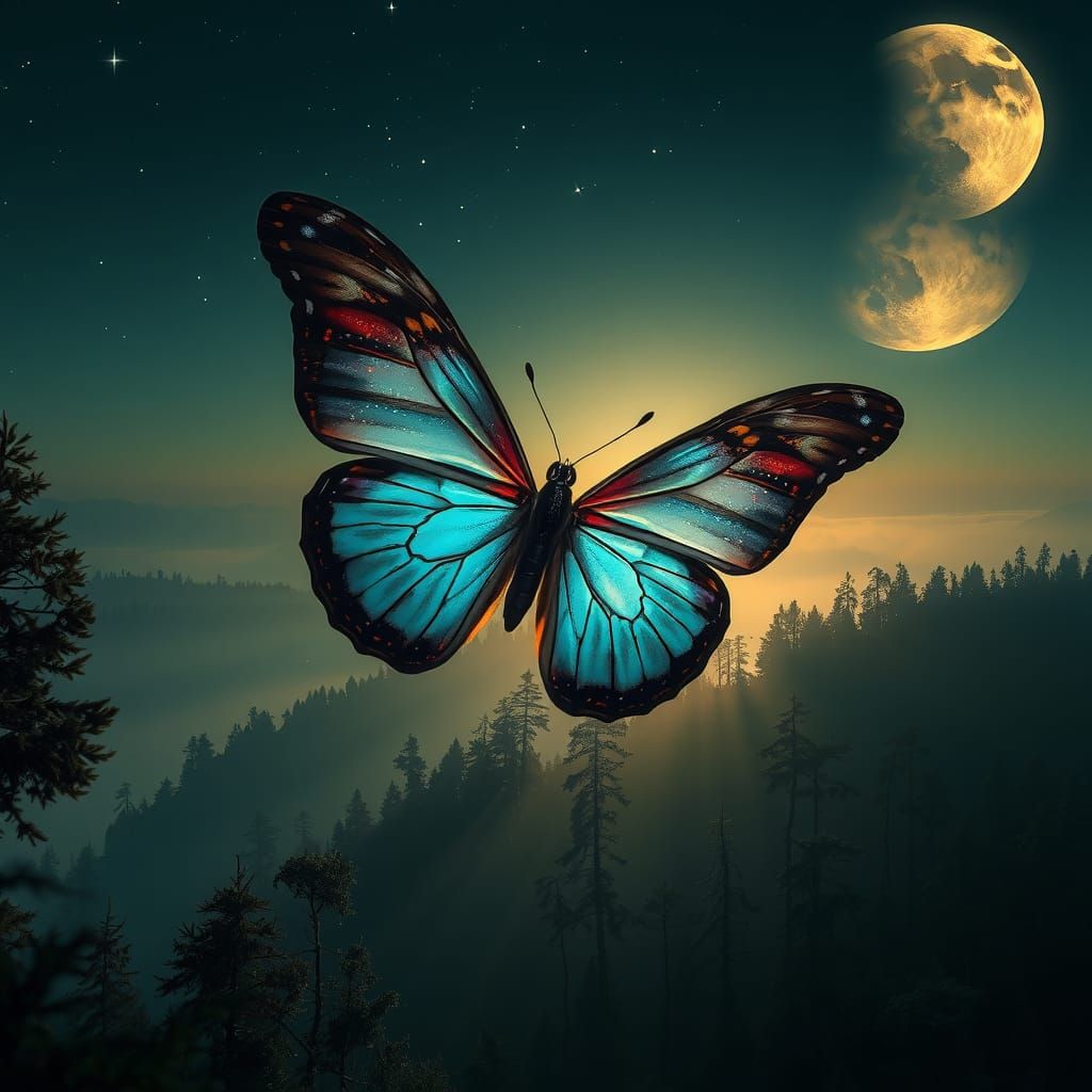 Mystical Butterfly Emerges in Moonlit Forest