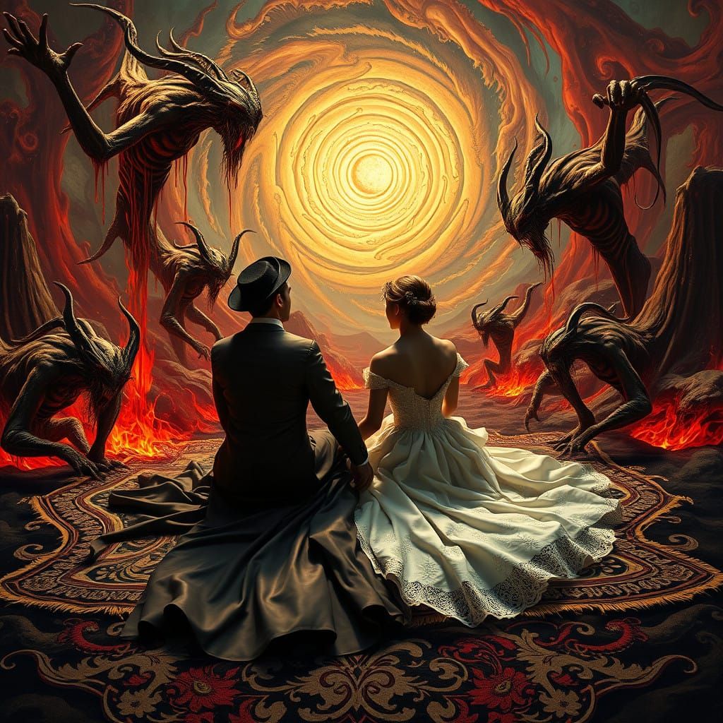 Elegant Couple Endures Hellish Landscape in Victorian Attire