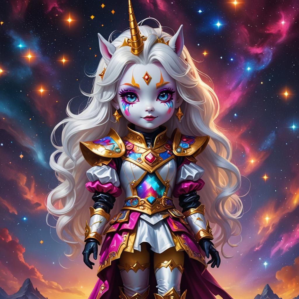 Chibi Harlequin Unicorn in Polychromatic Nebula Sky