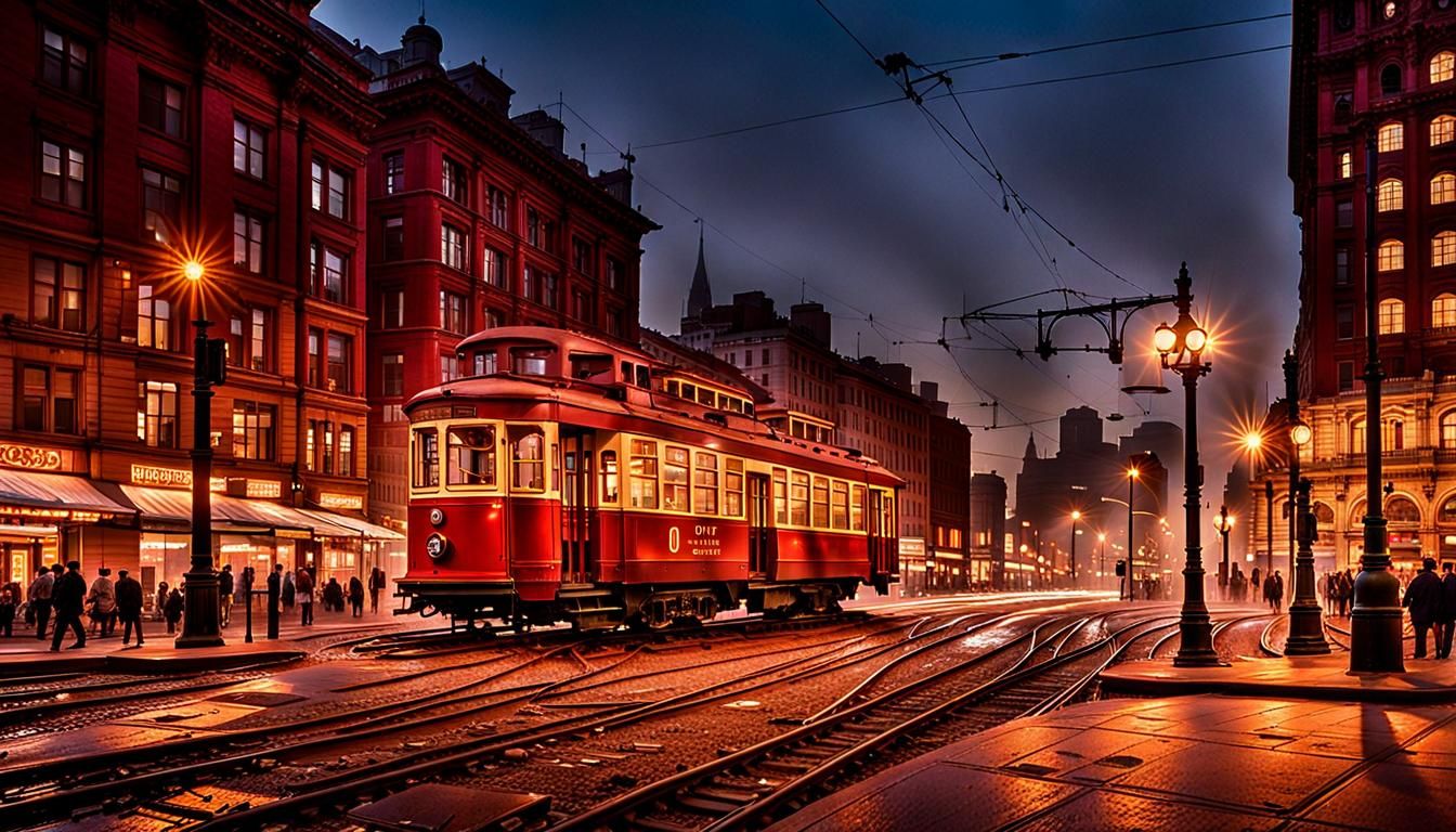 Urban Streetcar at Dusk in Copper-Red Glow