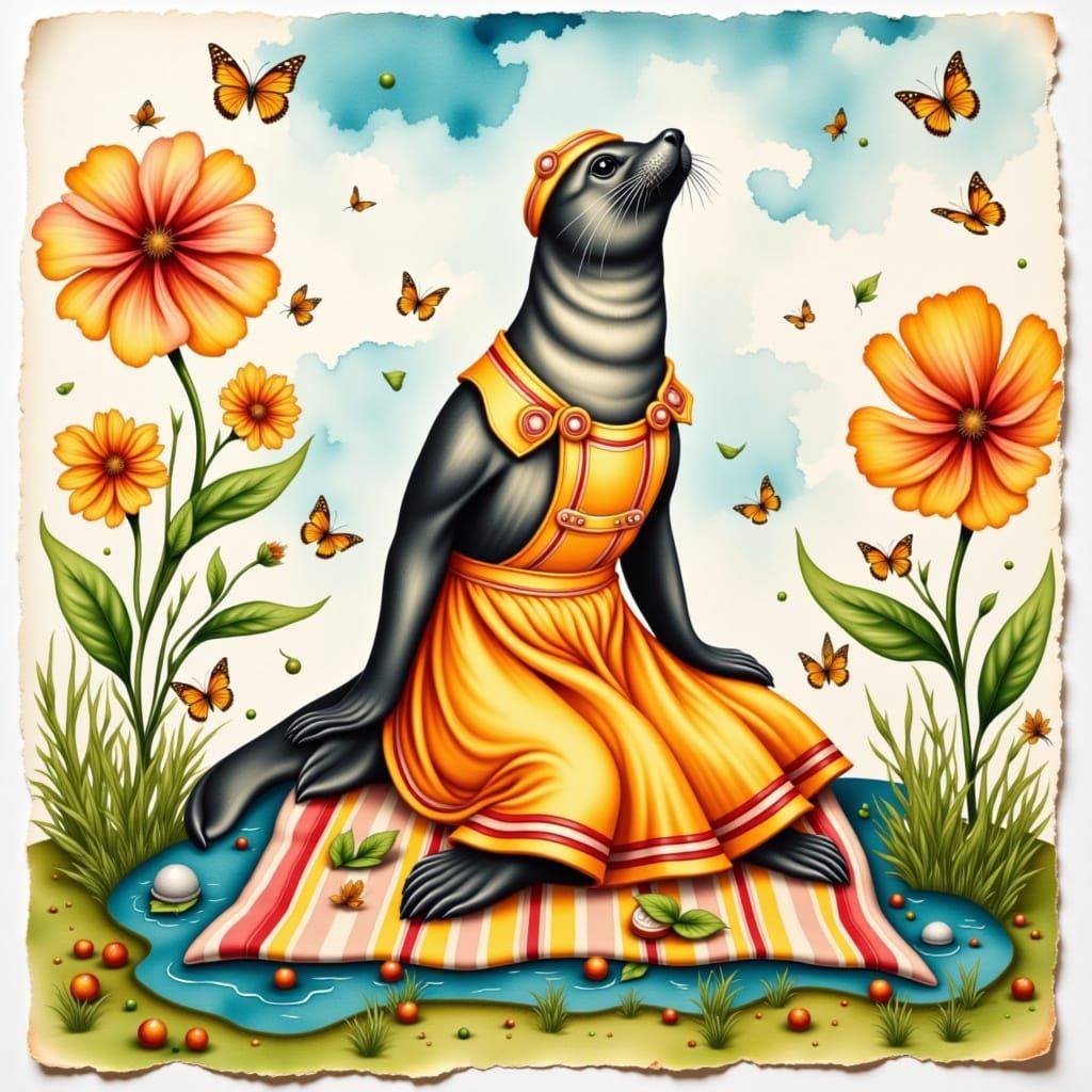 Whimsical Seal in a Pinafore at a Vintage Picnic