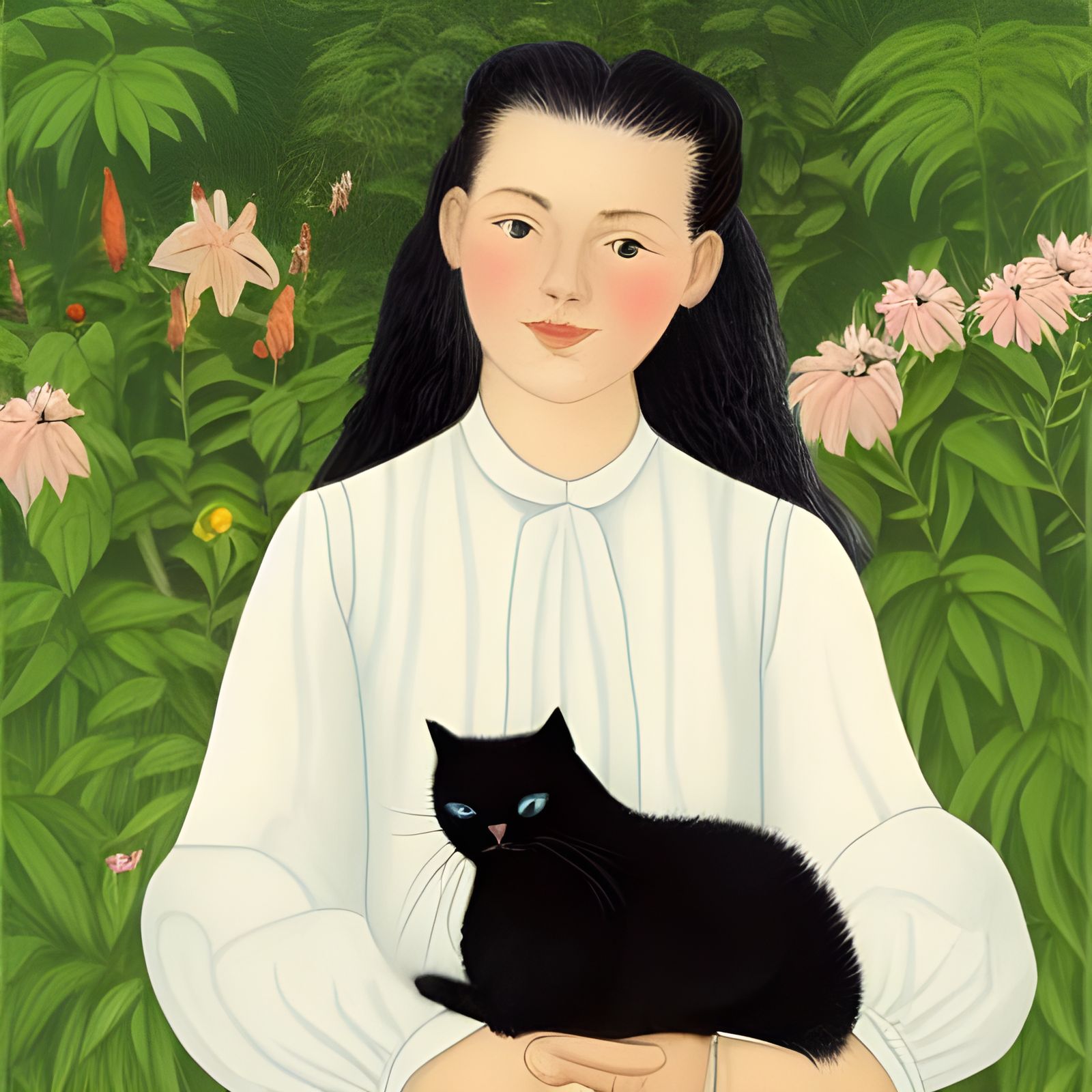 Woman with Black Cat in Lush Garden Illustration