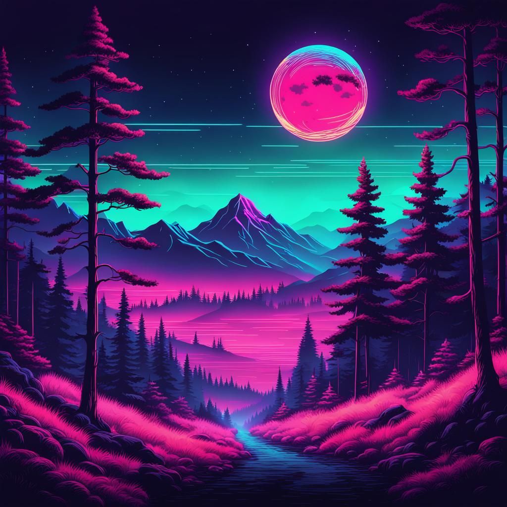 Synthwave Moon Overlooking Forest