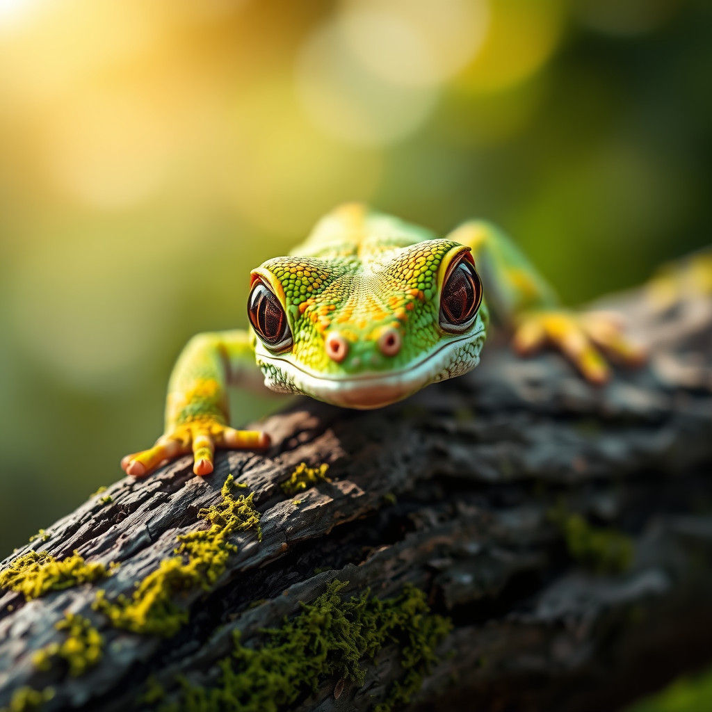 Vibrant Gecko Close-Up on Mossy Branch, Hyperrealism