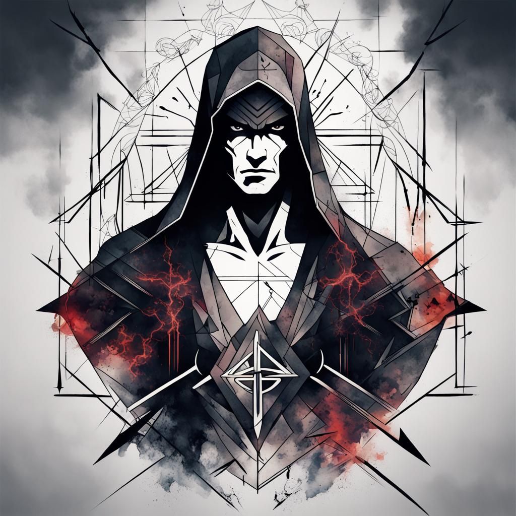 Geometric Tattoo Design with Akatsuki Clouds and Wings