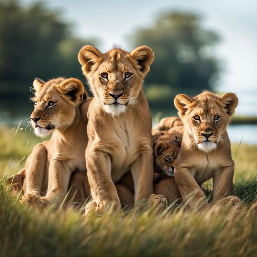 Lion Family Resting by the Lake