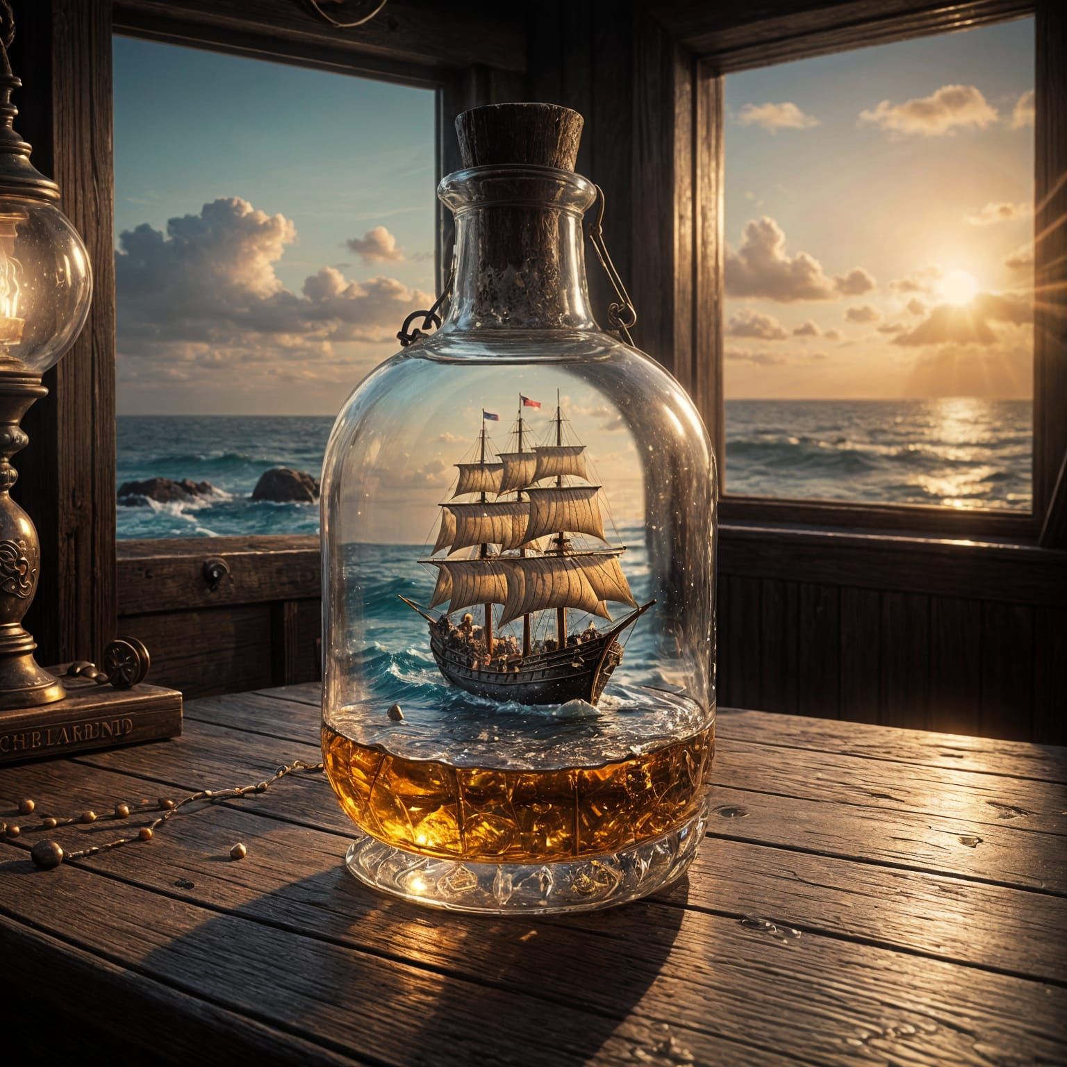 Historic Pirate Vessel Inside Elegant Glass Container, Cinem...