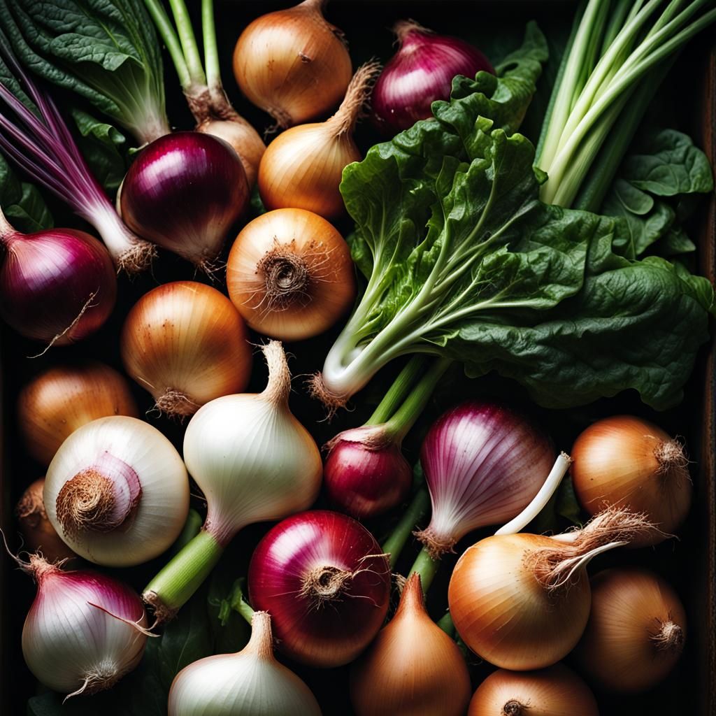Close-Up Portrait of Onions, Ginger and Leeks