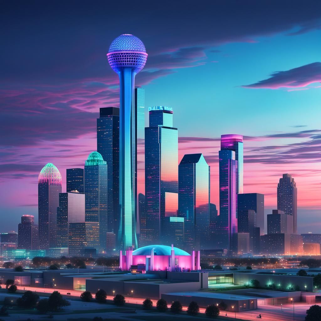 Dallas Skyline at Night in Neo Pastel
