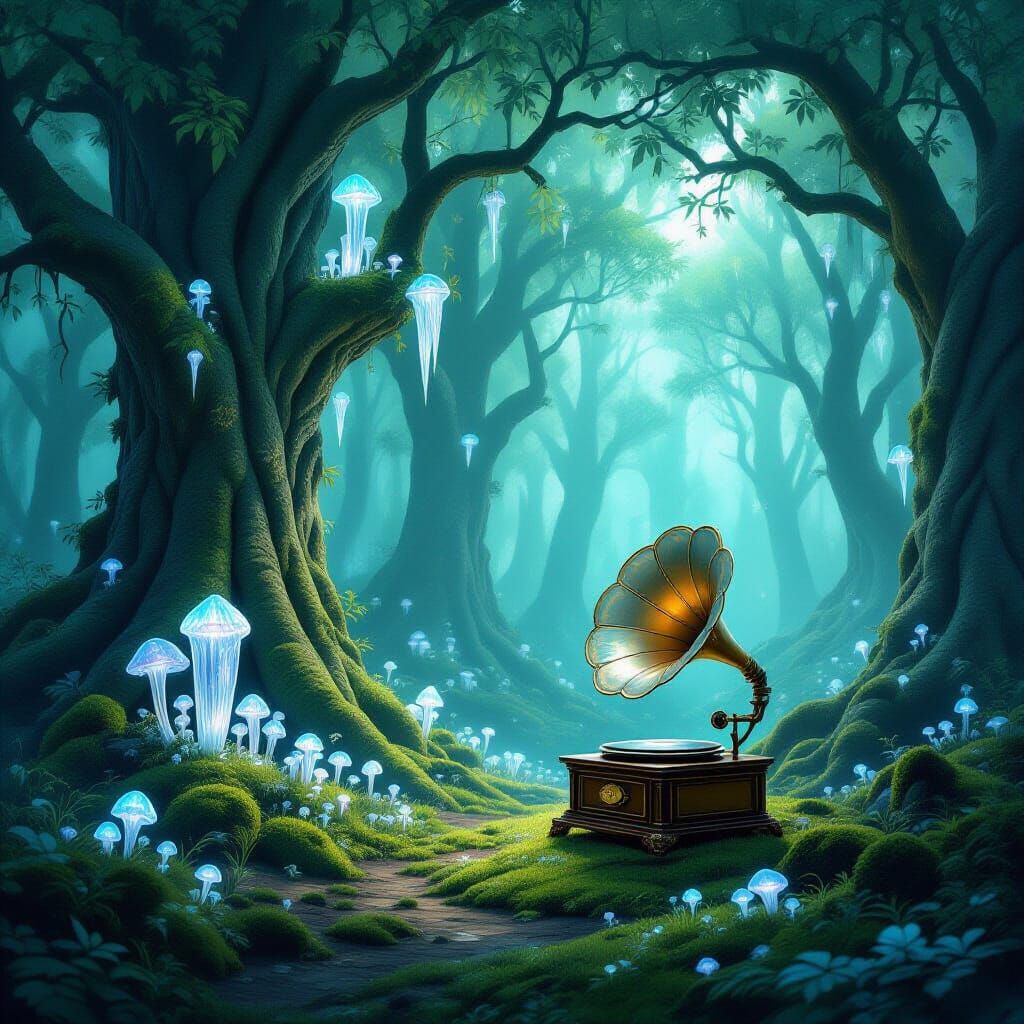 Ethereal Crystal Forest with Ancient Gramophone