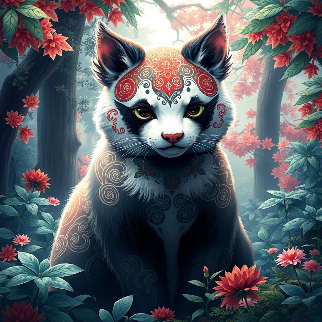 Majestic Panda Cat Hybrid in Whimsical Anime Style