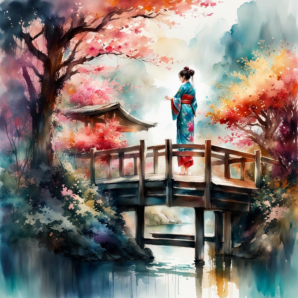 Japanese Girl in Kimono: Digital Watercolor Illustration