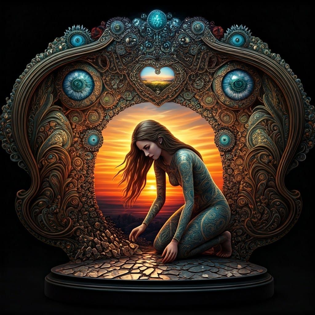 Surreal Bio-Art Collage: Woman, Sunset and Cracked Mirrors