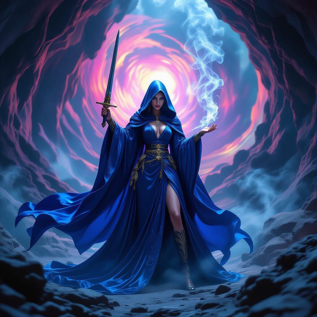 Dark Magic Sorceress Conjuring Sword in Psychedelic Cave