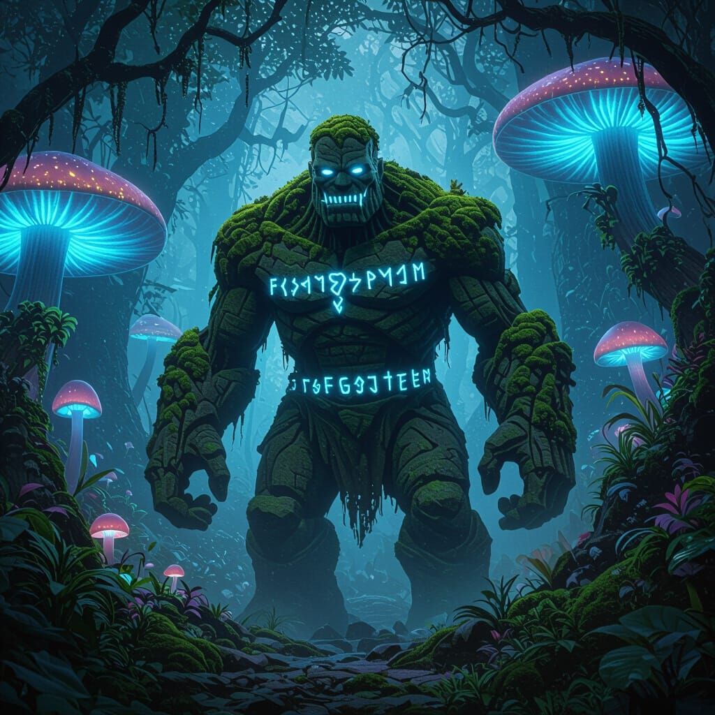 Mossy Stone Golem Awakens in Glowing Forest