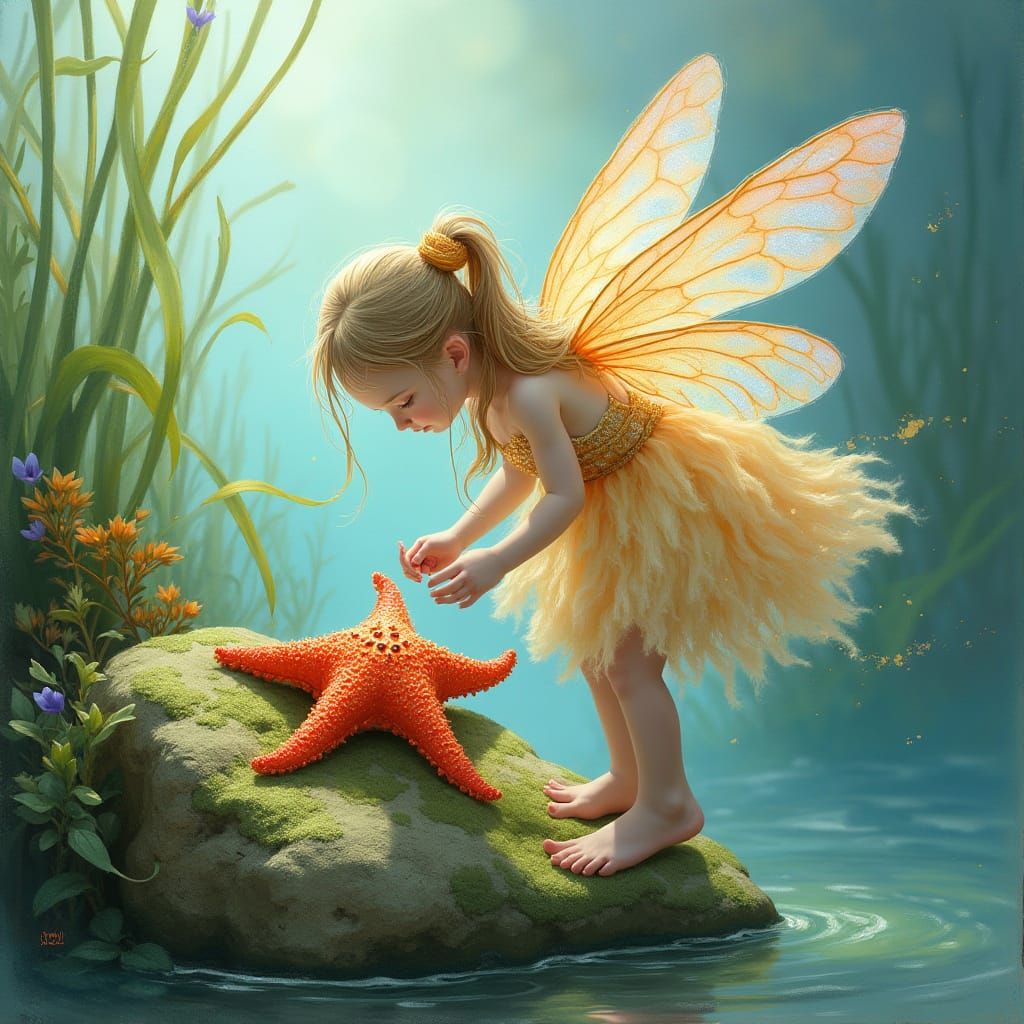 Delicate Fairy Discovers a Sea Star in a Dreamy Rock Pool