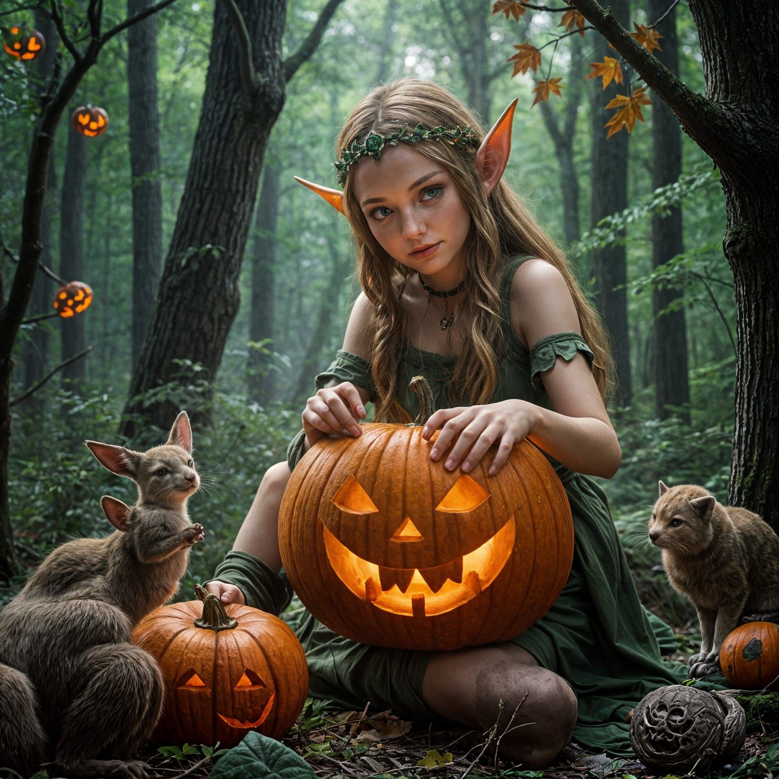 Elf Carving Pumpkin in Forest