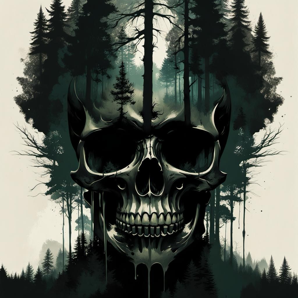 Skull Silhouette in Forest, Ink and Oil Splash Art