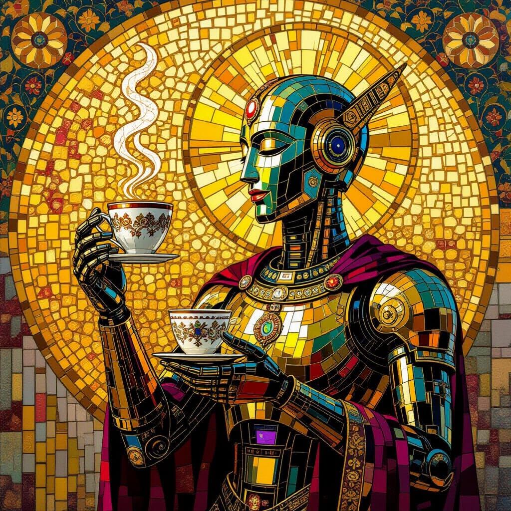 Sacred Robot Holds Coffee Chalice in Klimt Style