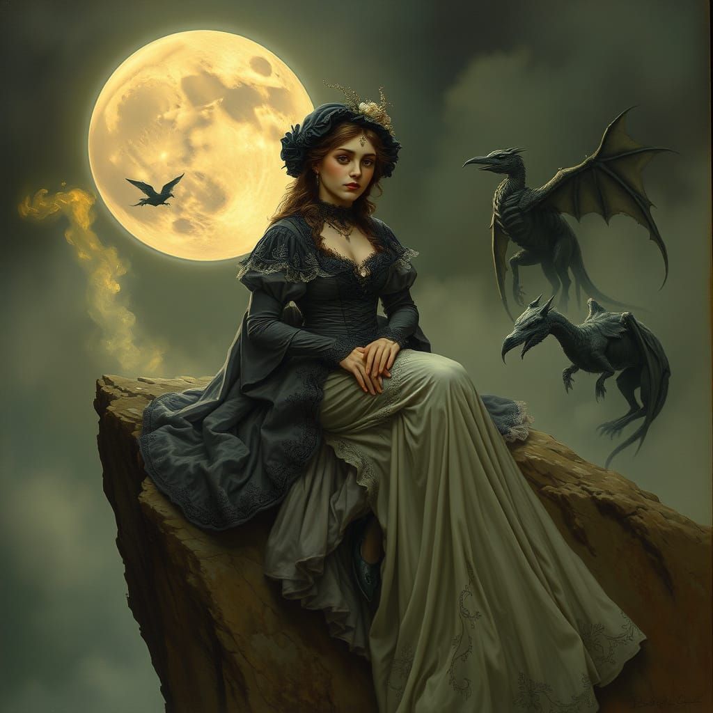 Victorian Woman on Misty Cliff with Mystical Creatures