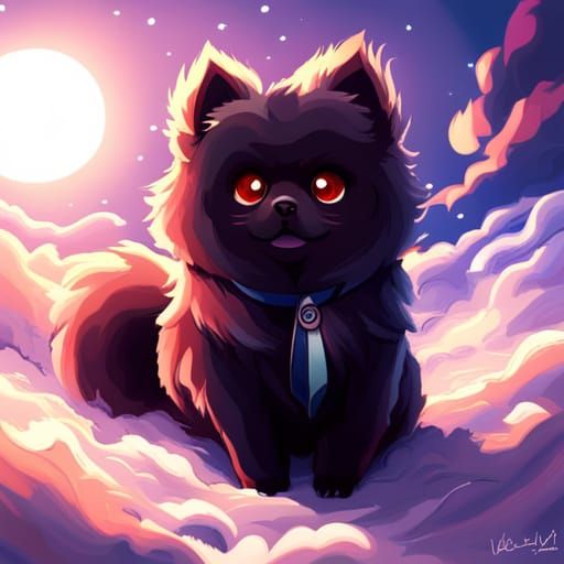 Fluffy Black Pomeranian with Red Eyes in Anime Style