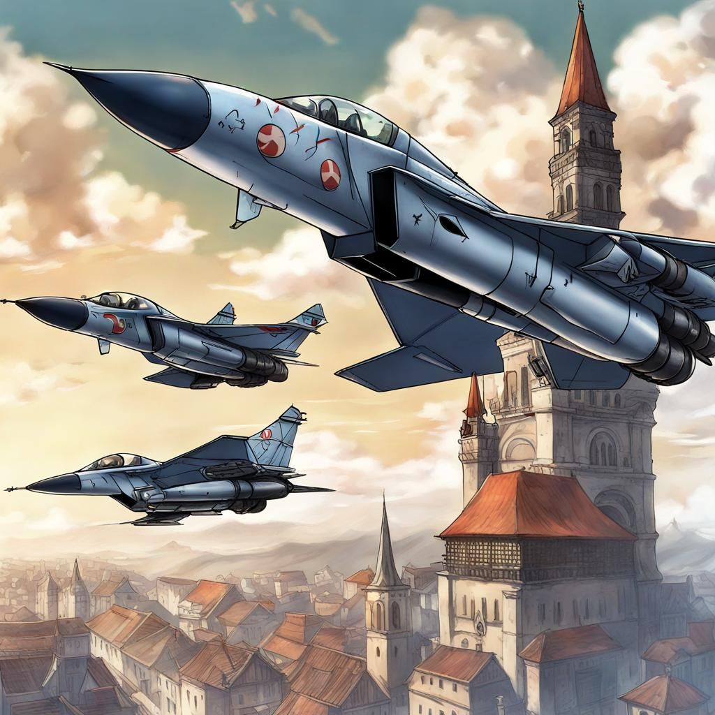 Medieval City with Aircraft in Anime Style