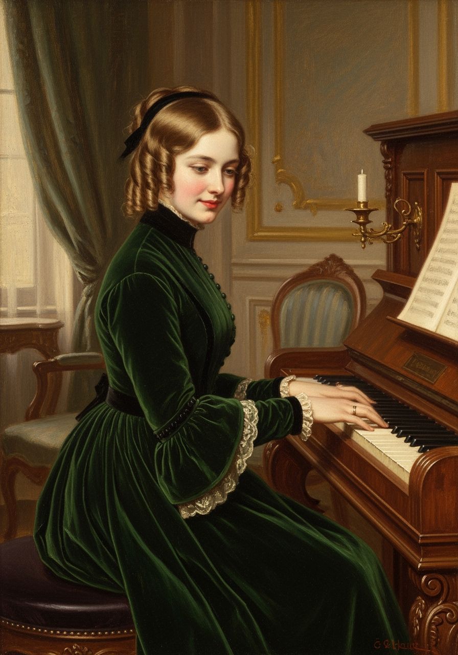 Victorian Woman Playing Piano in Oil Painting Style