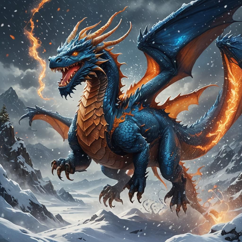 Joyful Dragon in Snowstorm: Fantasy Concept Art