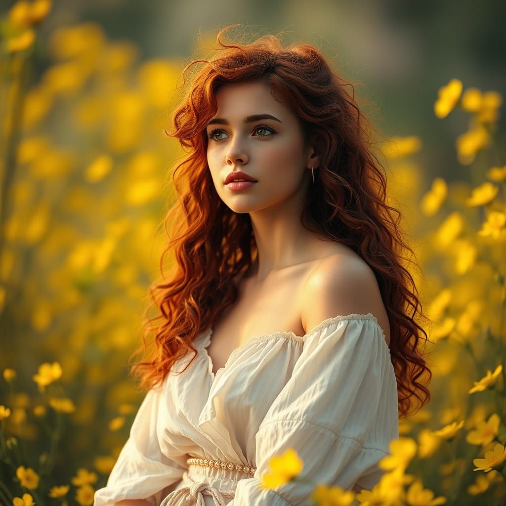 Young Woman Lost in Thought Among Blooming Yellow Flowers in...
