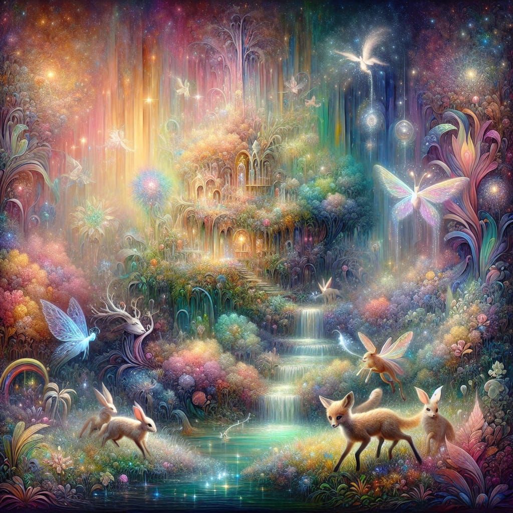 Whimsical Rainbow Florals in a Dreamlike Forest Glade