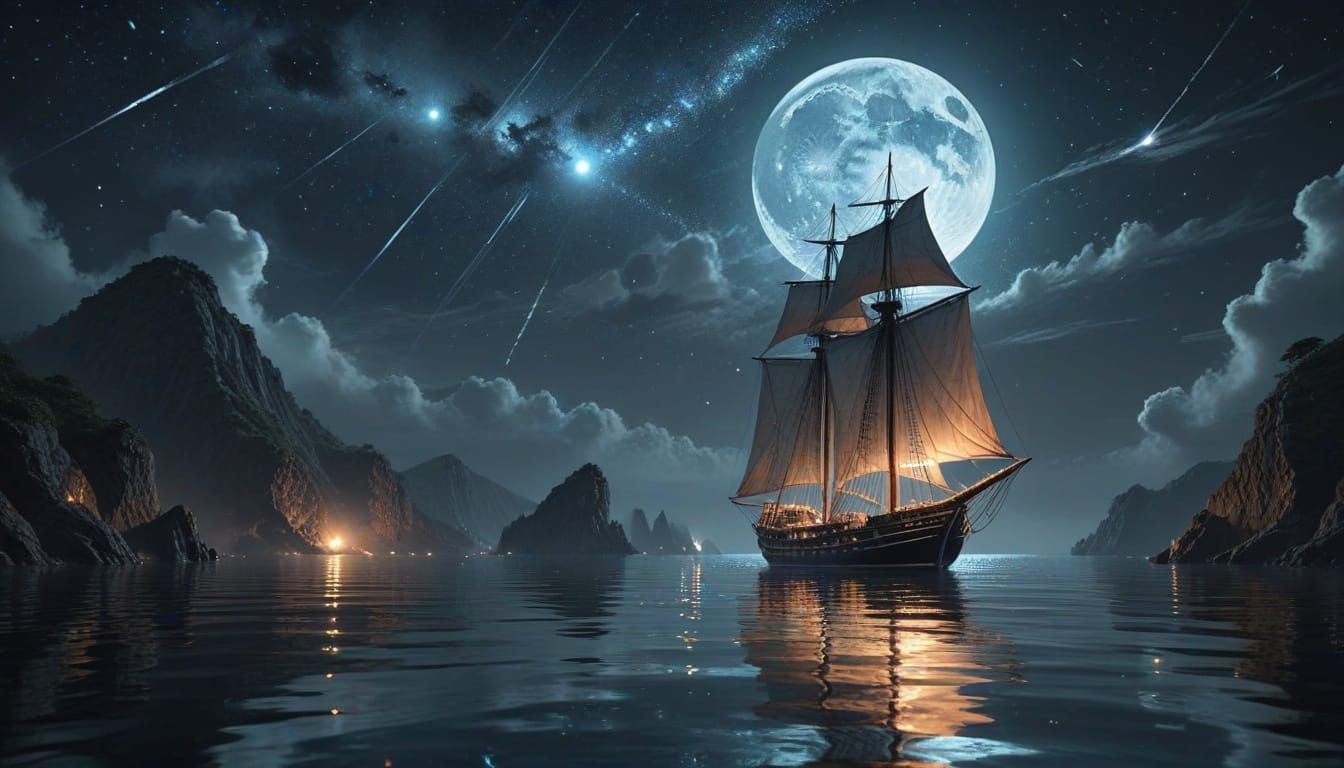 (fantasy aesthetic:1.8) sailboat, its sails made of woven mo...